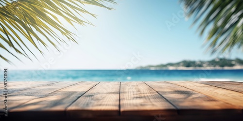 Empty wooden table with tropical beach of summer background, Free space for product display. Generative Ai