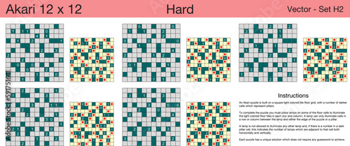 5 Hard Akari 12 x 12 Puzzles. A set of scalable puzzles for kids and adults, which are ready for web use or to be compiled into a standard or large print activity book.