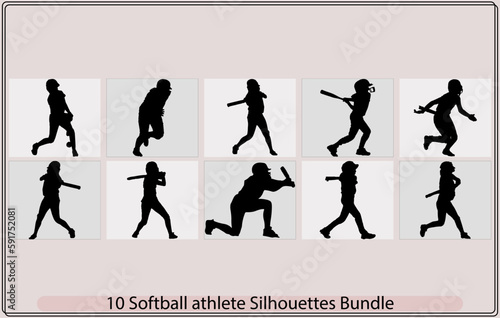 Softball player silhouettes, Softball silhouettes,Set of Baseball player silhouette vector illustrations,Baseball player detailed silhouettes