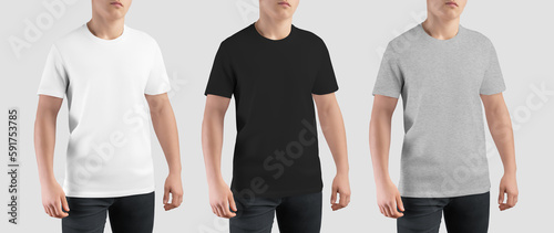 White, black, heather t-shirt mockup on athletic guy, stylish casual wear, apparel for design, print, branding, front view.