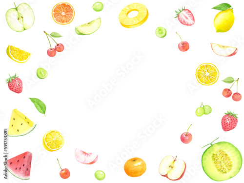 水彩で描いたカラフルなフルーツのフレーム素材
