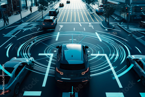 Modern smart car technology intelligent system using Heads up display (HUD) Autonomous self driving mode vehicle on city road with graphic sensor radar signal system intelligent car , generate Ai