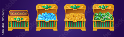 Egyptian treasure chests with gold coins, diamonds and cash. Game props icons of ancient trunks with money of pharaoh of Egypt. Golden boxes with scarab badge, vector cartoon illustration