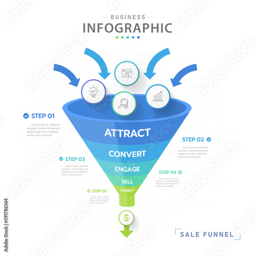 Infographic template for business. 5 Level Modern Sales funnel diagram with arrows, presentation vector infographic.