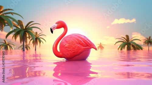 a flamingo in a tropical summer beach setting - summer beach vibes concept