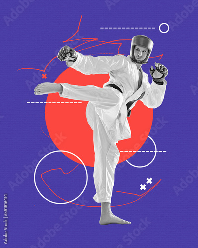 Martial arts, fighting. Contemporary art collage with professional sport man, guy wearing special clothes kicking by foot. Sport, achievements, media, healthy lifestyle, ad and hobby