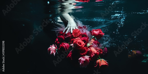 bride drowning underwater in dark theme. Ai generated, 