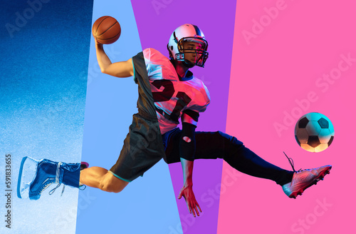 Composite image of cropped photo of different kinds of male sport soccer, basketball, hockey, american football over multicolored background. Active life style, sport, health, male hobby, ad concept