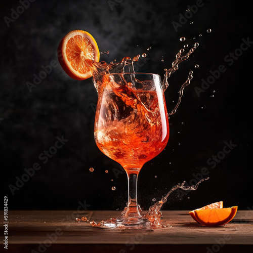 Aperol spritz cocktail splashing. Generative ai and digital editing.