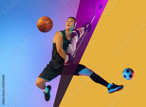 In a jump. Composite image of cropped photo of Asian man doing various kind of sport soccer, basketball, hockey over multicolored background in neon light. Active lifestyle, sport, hobby, ad concept