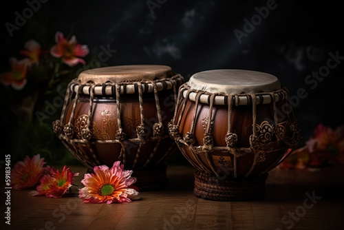 A tabla is a pair of twin hand drums from the Indian subcontinent, that are somewhat similar in shape to the bongos. Ai generated.