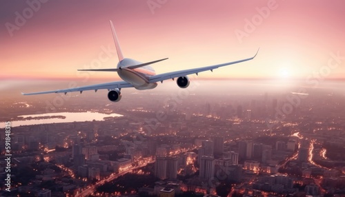The plane flies against the backdrop of the city at sunrise