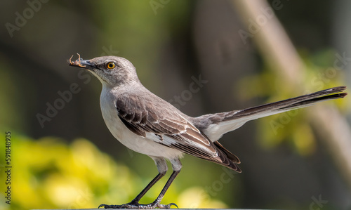 Closeup of a northern mockingbird (Mimus polyglottos) with a worm in its beak