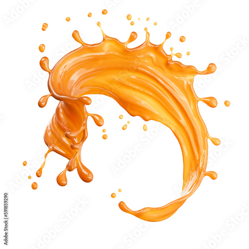 Caramel sauce, Liquid syrup splash, sugar candy caramel or melted toffee, 3d illustration.