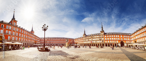 Panoramic view of the Plaza Mayor in daylight in Madrid, Spain.