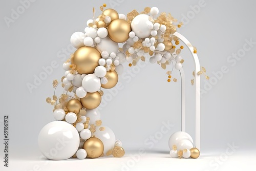 Wedding arch made from Balloon decoration elements for party, birthday celebration. Pastel white and gold background with round spheres