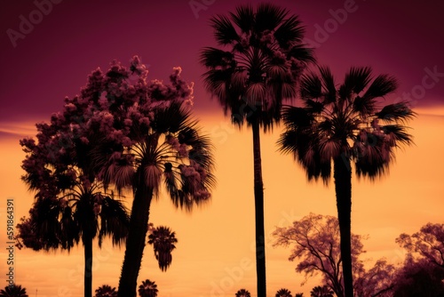 palm trees silhouetted against a colorful sunset. Generative AI