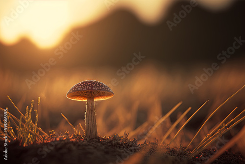 Mystery mushroom on the bump. Fairytale background with mystic mushroom. Generated AI.