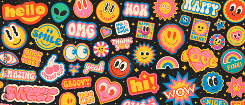 Cool Groovy Stickers Background. Y2k Patches Collage. Pop Art Illustration Vector Design. Funky Pattern.
