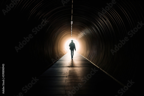 person walking towards to the light at the end of tunnel. AI generative image.