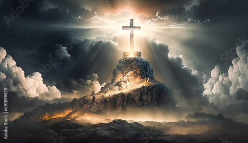 holy cross symbolizing the death and resurrection of Jesus Christ with The sky over Golgotha Hill is shrouded in light and clouds, AI generative