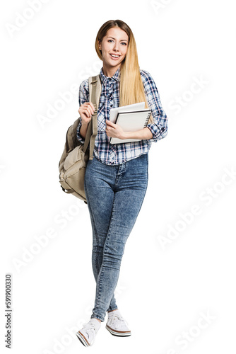 Beautiful student girl standing confident isolated in transparent PNG, Full length studio portrait of smiling young woman with backpack and books