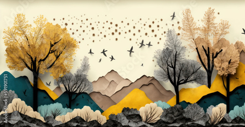 Brown trees with golden flowers and turquoise, black and gray mountains in light yellow background with white clouds and birds. 3d illustration wallpaper landscape art