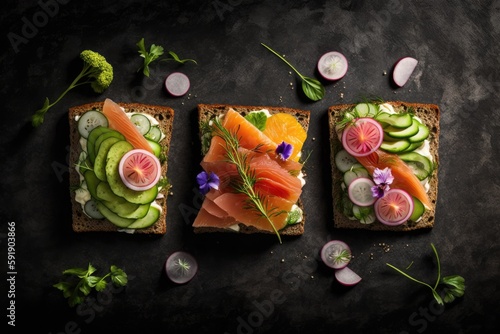 colorful and healthy open-faced sandwich with fresh vegetables. Generative AI
