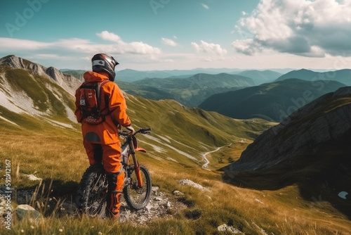 Biker on a mountain trail, waiting to go downhill while surrounded by a stunning landscape. Ai generated