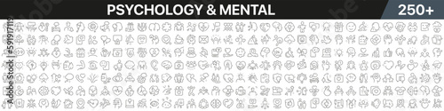 Psychology and mental linear icons collection. Big set of more 250 thin line icons in black. Psychology and mental black icons. Vector illustration
