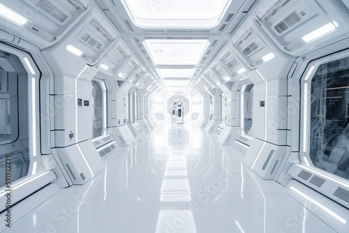 Beautiful design , sci-fi corridor in a space ship or futuristic structure with glossy reflective walls and transparent glass - Generative Ai