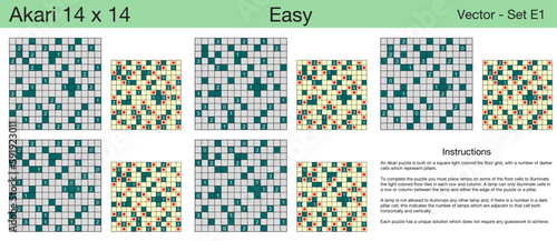 5 Easy Akari 14 x 14 Puzzles. A set of scalable puzzles for kids and adults, which are ready for web use or to be compiled into a standard or large print activity book.