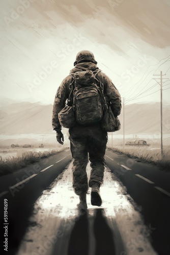 A soldier walking on a country road 