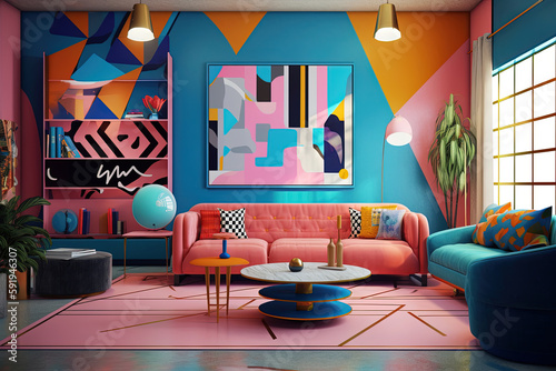 A Memphis-inspired interior design room incorporates bold colors, geometric patterns, and playful shapes, evoking the vibrant and eclectic style of the Memphis design movement from the 1980s