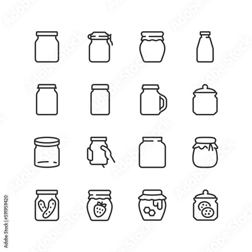 Jars, linear style icons set, glass jar for twisting, for storing food. Jars of jam. Pickles, jam, honey, cookies. Editable stroke width