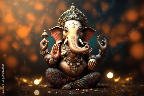 Generative AI illustration of Ganesha Hindu God , with flowers, oil painting taken up into heaven, sitting in front of bokeh mandala background