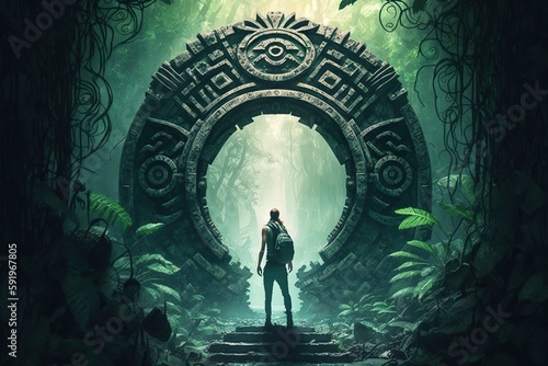 Generative AI illustration of Mayan gate in the forest. An adventurer in a green tropical rainforest discovering a secret passage. Explorer walking through a secret gate