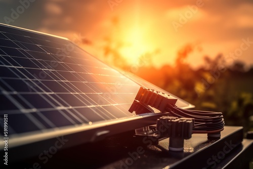 A detailed, close-up shot of essential solar energy components, such as photovoltaic cells, inverters, mounting systems, emphasizing the importance harnessing the power of the sun. Generative AI