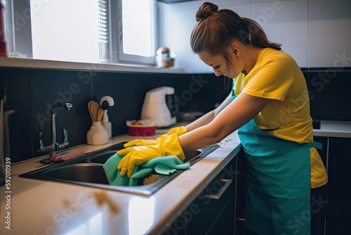 Woman on counter, holding gloves, exhausted from washing dishes. Photo generative AI