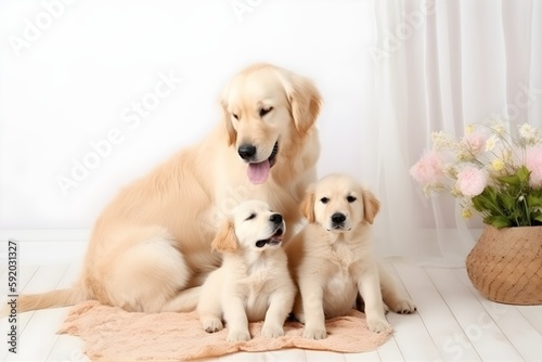 Wallpaper Illustration and background of a dog mother with her cute puppies. Front view. Concept of a pet family. Generative AI.