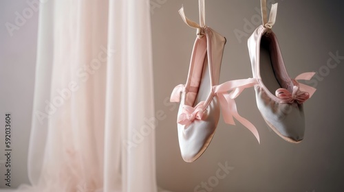 A pair of ballet slippers gracefully hanging, leaving a spacious area to the left for text, surrounded by a pastel background that adds a touch of elegance and refinement. Generative ai.