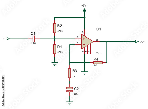 Schematic diagram of electronic device. Vector drawing electrical circuit with operational amplifier, resistor, capacitor and other electronic components.