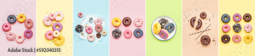 Collage with many sweet donuts on colorful background, top view