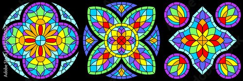 Set of stained-glass windows in gothic style. Medieval mosaic tile texture.