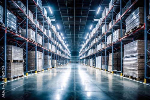 Huge distribution warehouse with high shelves, bright led lights, future production. Generative AI.
