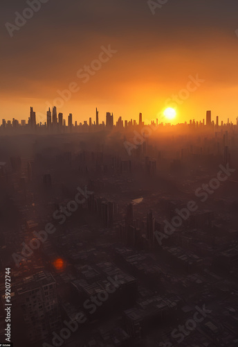 sun set on the ruined city, world of darkness and despair, a place where hope had long since died, ghost town, dead metropolis, skyline, ruins, generative ai generativ ki
