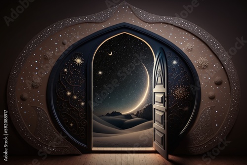 Open Arabic-style door overlooking Middle Eastern landscape, Generative AI