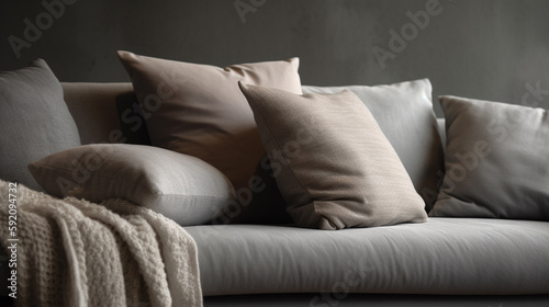 Pillow on sofa, closeup. Cozy home interior.generative ai