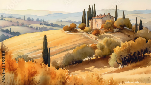 Artwork - watercolor pencil drawing of the Tuscany in Italy