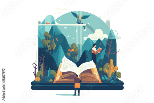 Open large bible man looking over, birds, trees, nature, colorful vector illustration